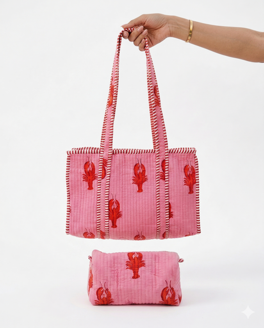 Lobster Love – Pink Quilted Tote & Pouch Set