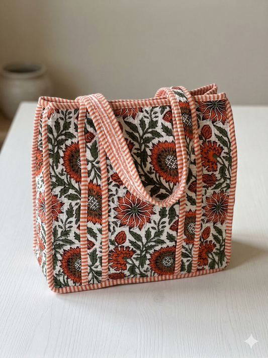White green floral – Quilted Mini Tote Bag 12X12