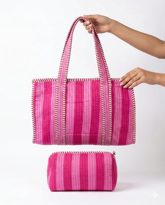 Pink stripes Quilted Tote & Pouch Set