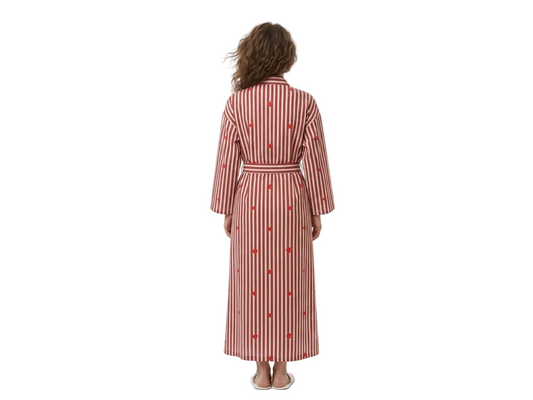 Red heart riot women's cotton kimono. Romantic red and
white heart print lightweight cotton housecoat and dressing gown.