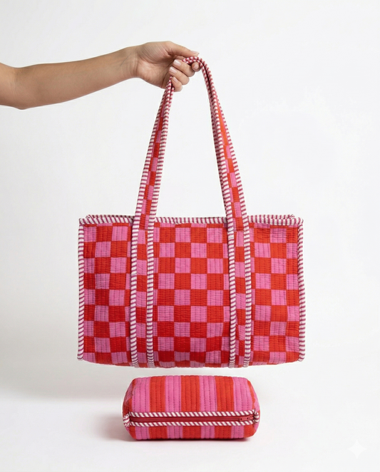 Orange pink checkered – Quilted Tote & Pouch Set