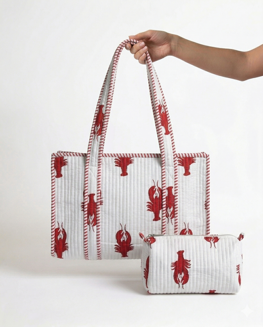 Lobster Love – White Quilted Tote & Pouch Set