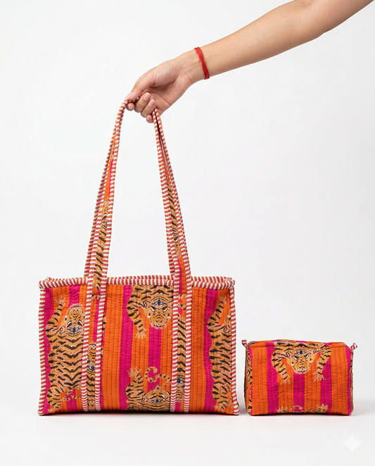Tango Orange Stripes Tibetan Tiger – Quilted Tote & Pouch Set