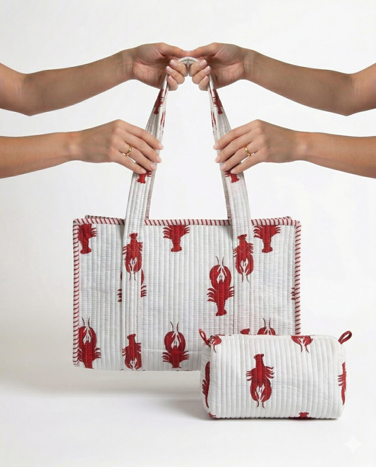 Lobster Love – White Quilted Tote & Pouch Set