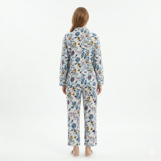 Women’s White Vine Bloom Cotton Night Suit Set – Elegant Two Piece Pajama Set