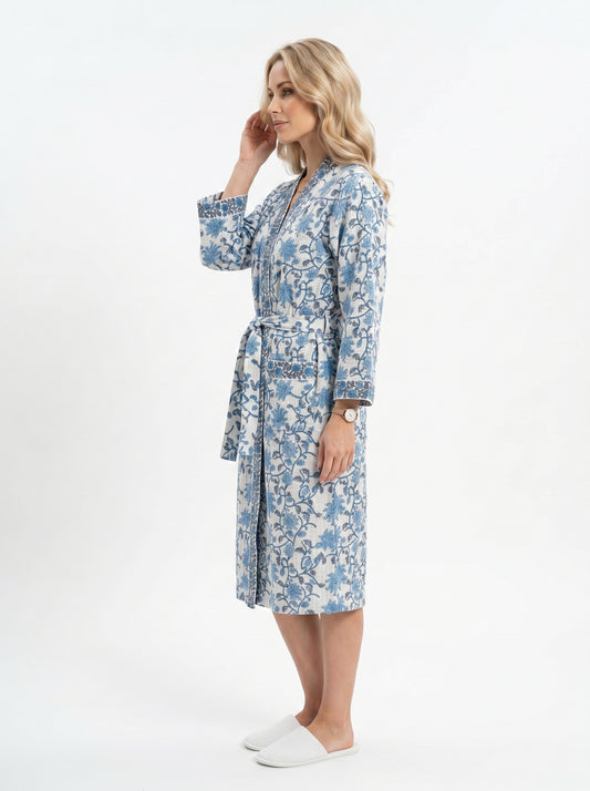 Blue Crimson Bloom Petals Waffle Bathrobe – Luxury Spa Robe