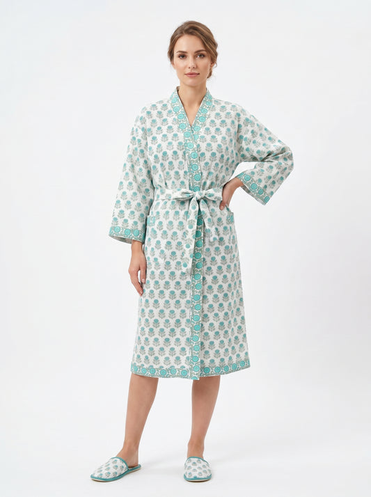 Teal Blue Mini Floral Waffle Bathrobe – Luxury Spa Robe