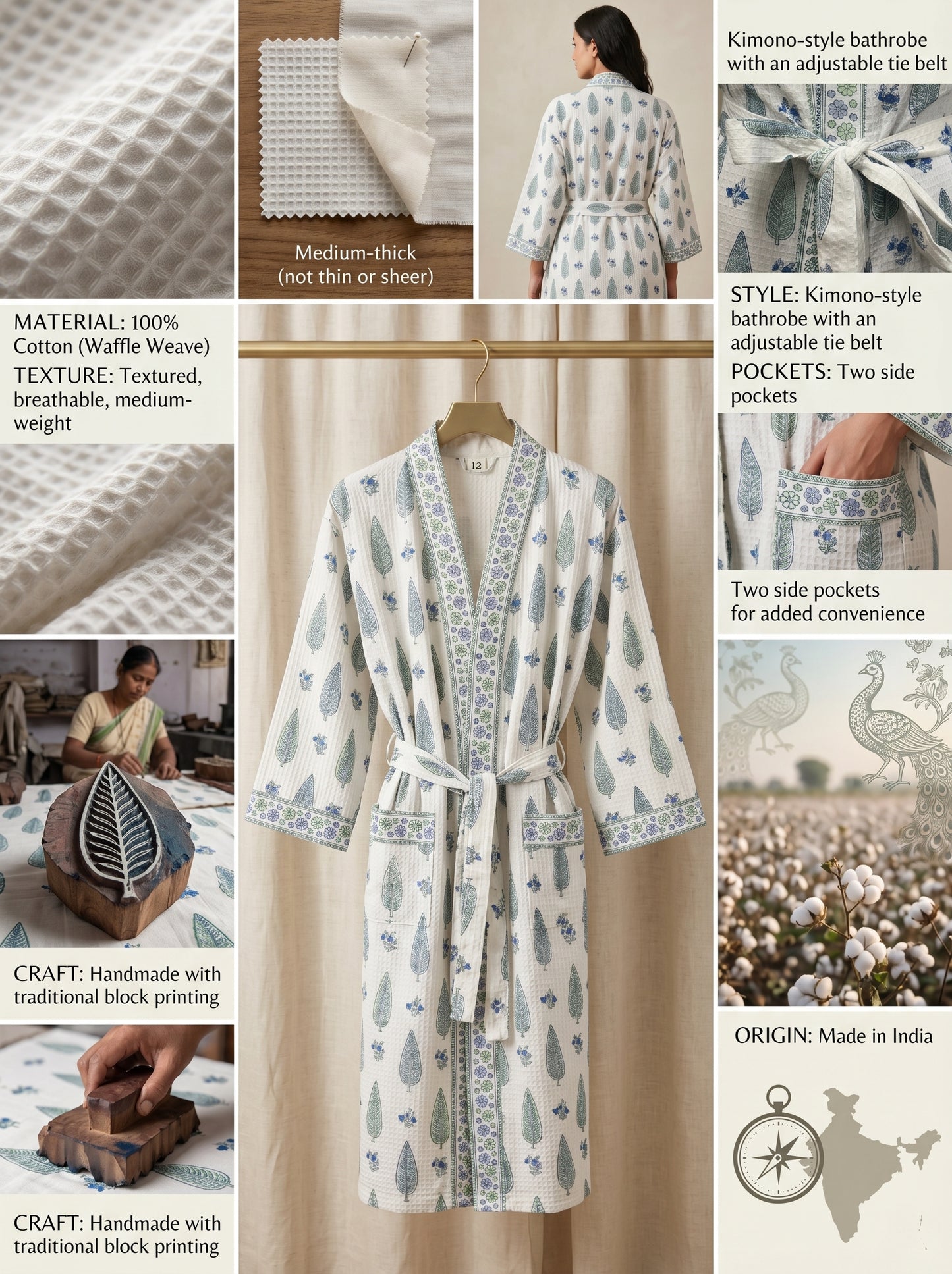 Mint White Petals Waffle Bathrobe – Luxury Spa Robe