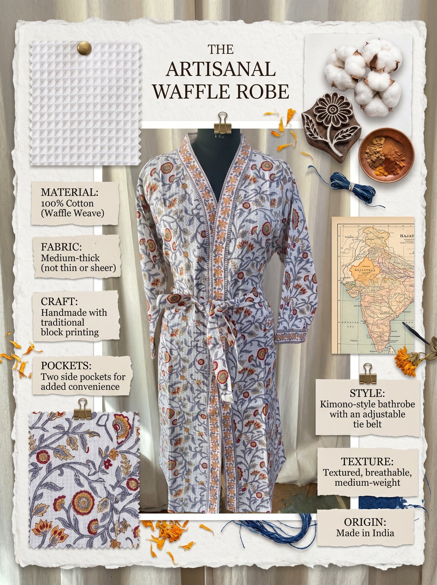 White Vine Petals Waffle Bathrobe – Luxury Spa Robe