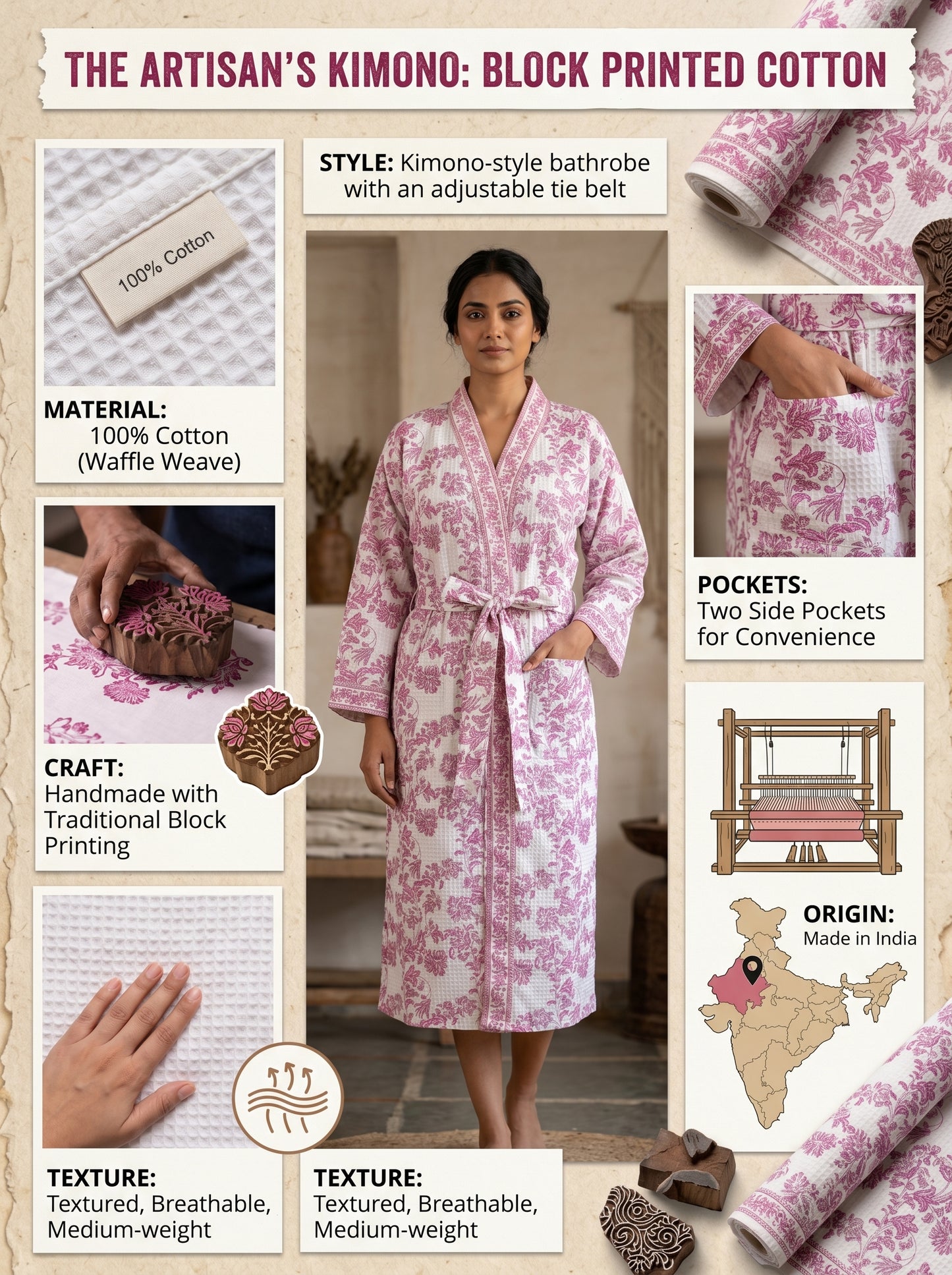 Rosewood Pink Vine Petals Waffle Bathrobe – Luxury Spa Robe