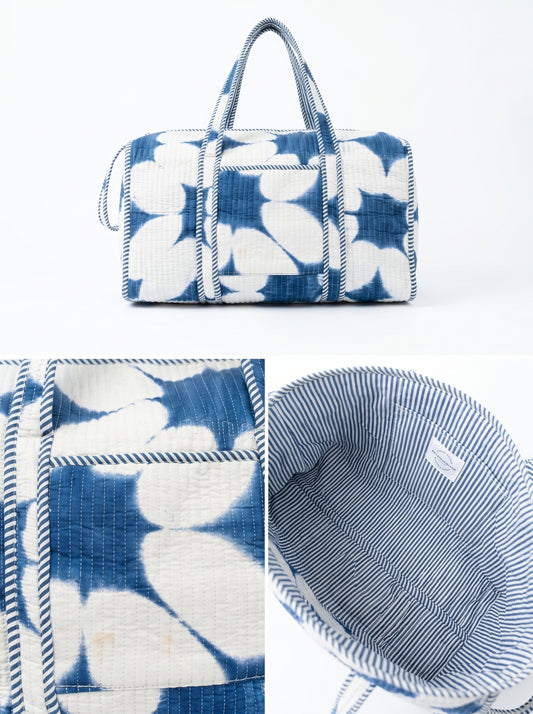 Classic Blue Indigo Tie and Dye Quilted Cotton Duffle Bag – Lightweight Travel Weekender