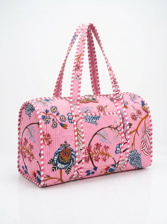 Blush Pink Floral Quilted Cotton Duffle Bag – Lightweight Travel Weekender