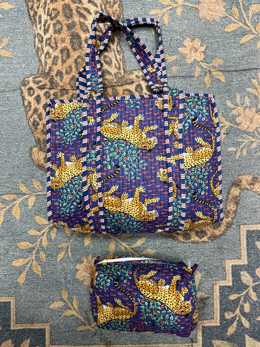 Blue Leopard tiger Quilted Tote & Pouch Set