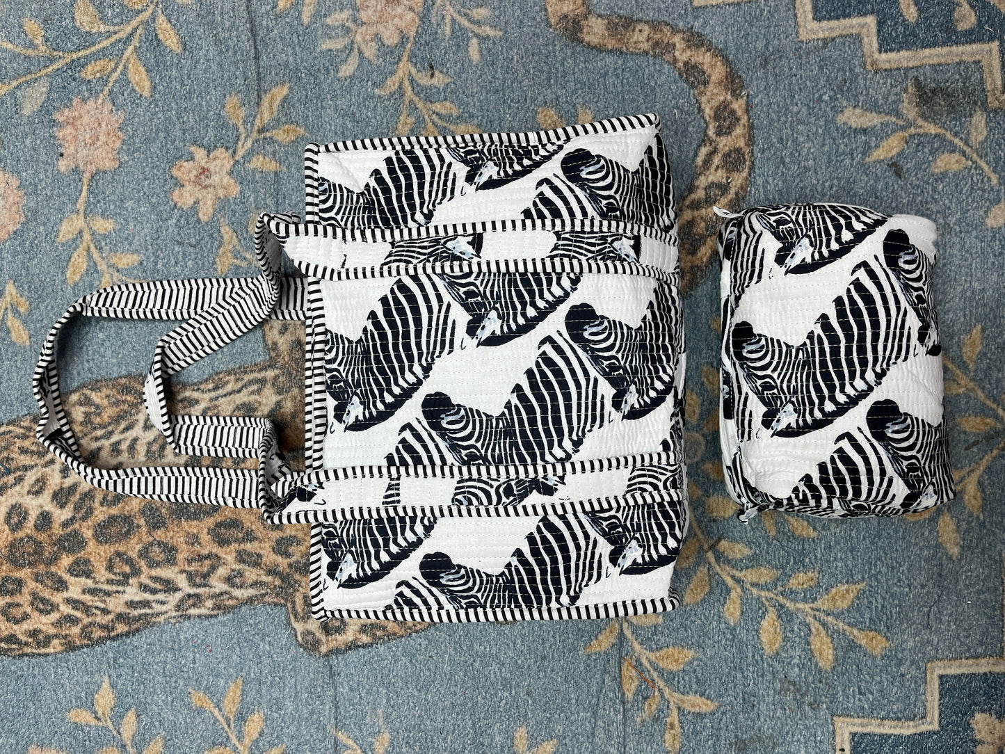 Black Chisel Zebra tiger Quilted Tote & Pouch Set