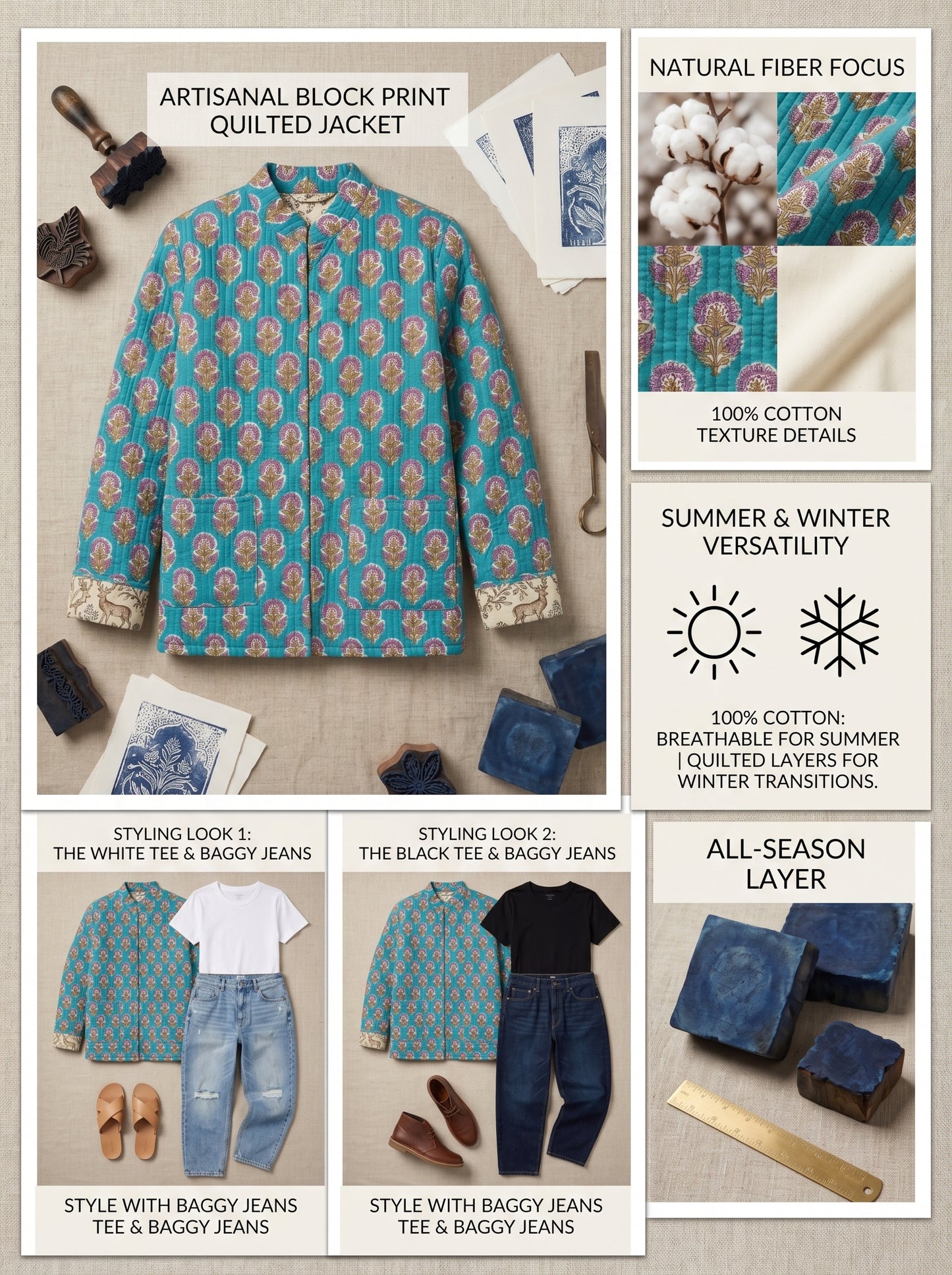 Blue Floral – Long Cotton Quilted Reversible Jacket