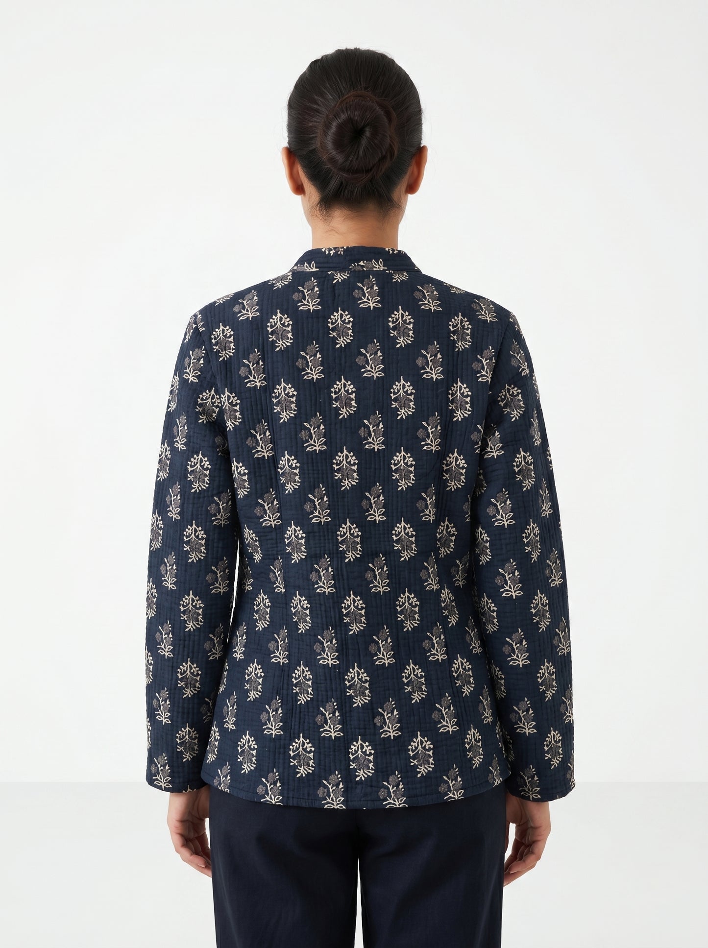 Black Floral – Long Cotton Quilted Reversible Jacket