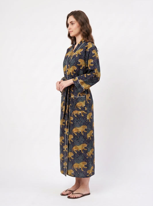 Navy Blue Leopard Print – Women’s Cotton Kimono