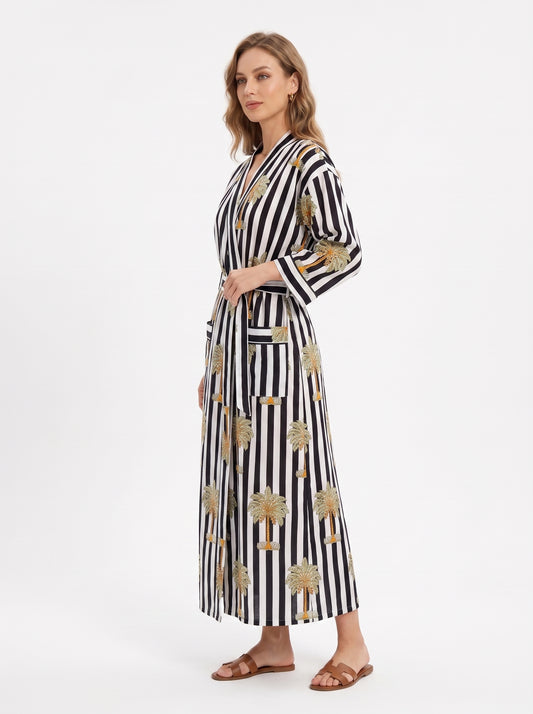 Midnight Black Palms Women's Black & White Cotton Kimono | 3/4 Sleeves