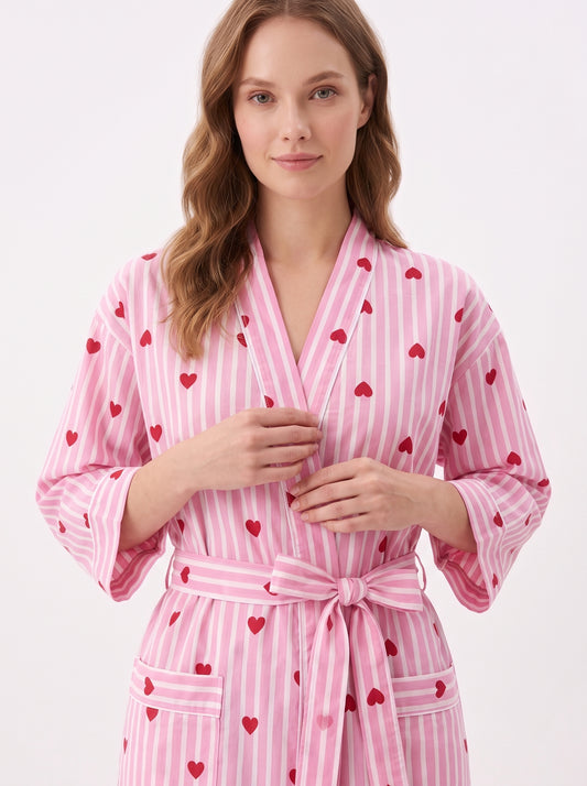 Pink Heart Riot Women's Cotton Kimono | 3/4 Sleeves