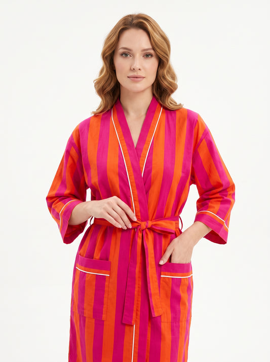 Orange Stripes Women’s Cotton Kimono | 3/4 Sleeves