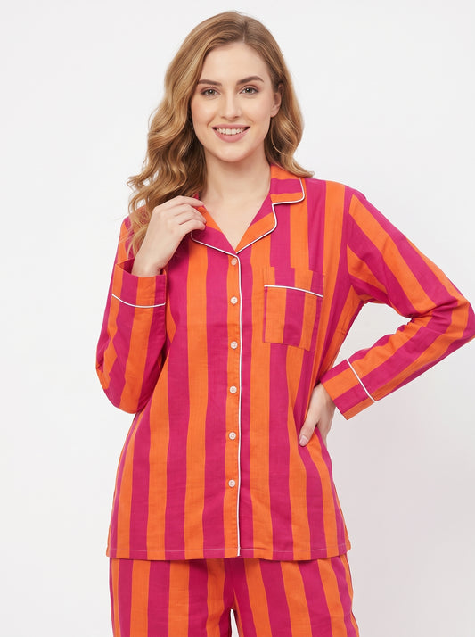 Women’s Orange Stripes – Elegant Two Piece Cotton Pajama Set