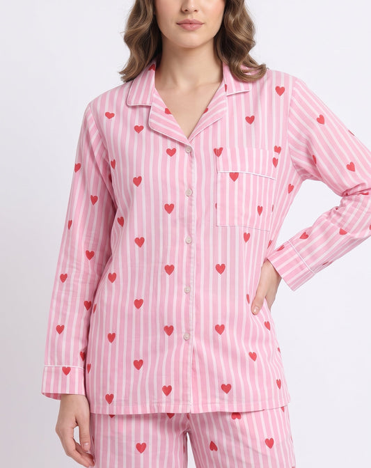 Women’s Baby Pink Heart Riot – Elegant Two Piece Cotton Pajama Set