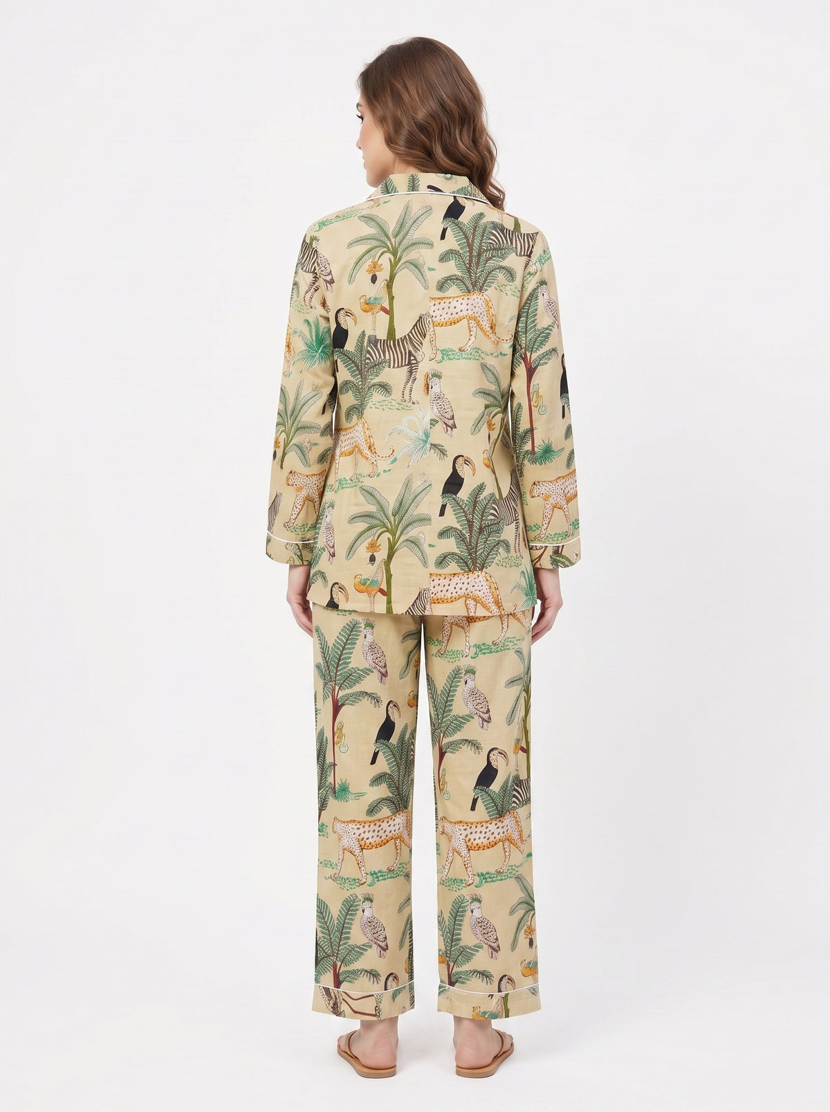 Women's Beige Safari – Elegant Two Piece Cotton Pajama Set