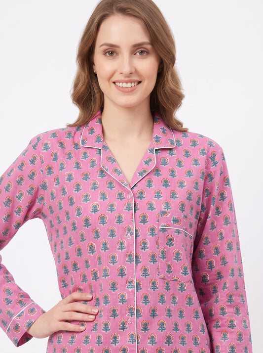 Women's Rosy Pink Bloom – Elegant Two Piece Cotton Pajama Set