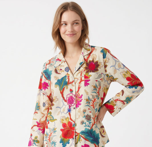 Women's White Vine Garden – Elegant Two Piece Cotton Pajama Set