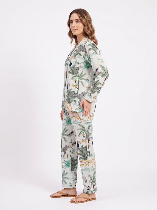 Women's White Safari – Elegant Two Piece Cotton Pajama Set