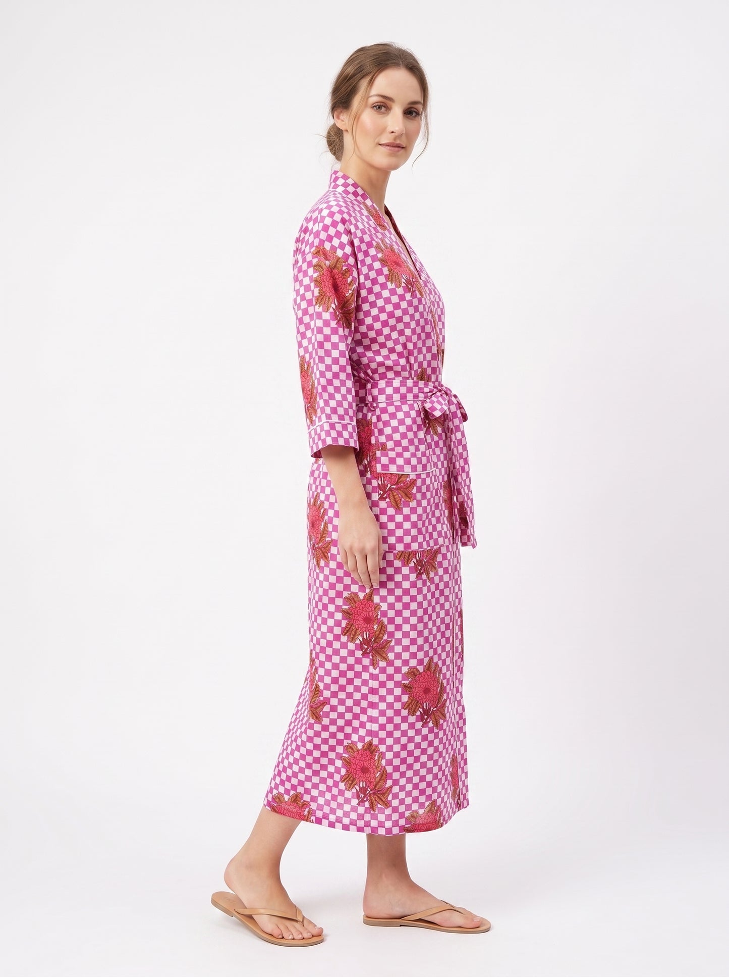 Pink Check Bloom Women's Cotton Kimono | 3/4 Sleeves