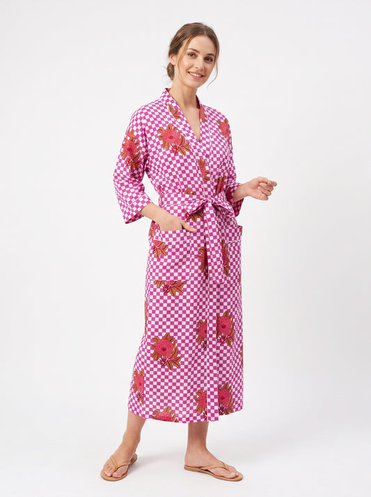 Pink Check Bloom Women's Cotton Kimono | 3/4 Sleeves