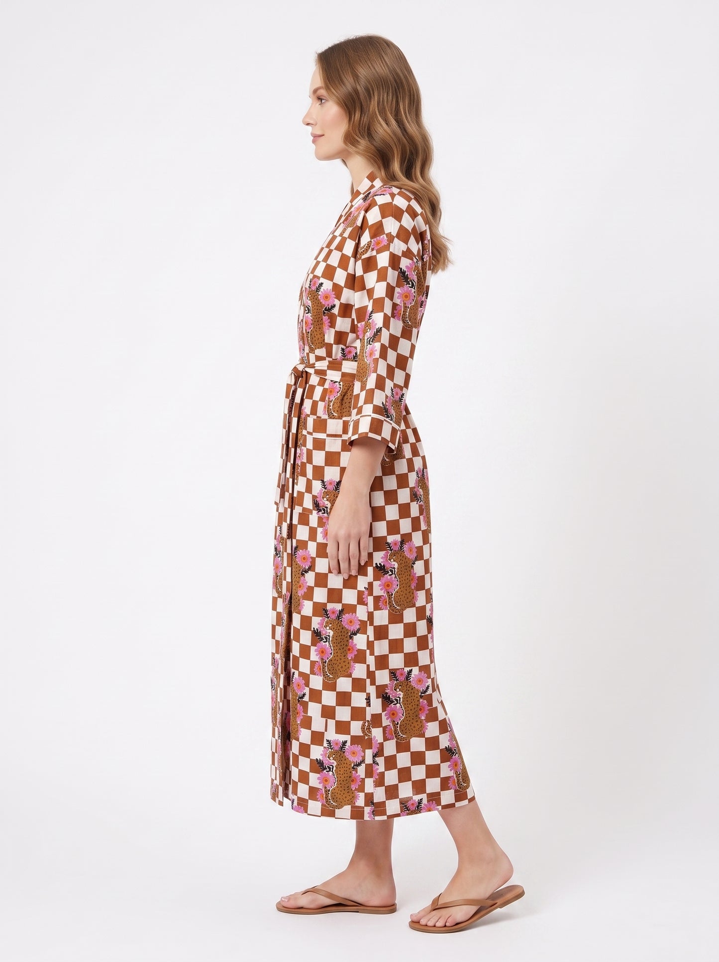 Brown Checkmate Princess Tiger Women's Cotton Kimono | 3/4 Sleeves