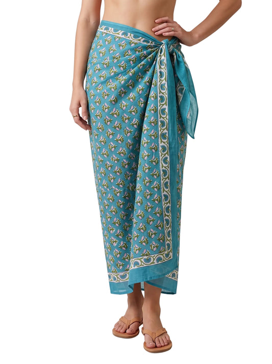 Cute Blue Floral Handblock Sarong - Beach Cover