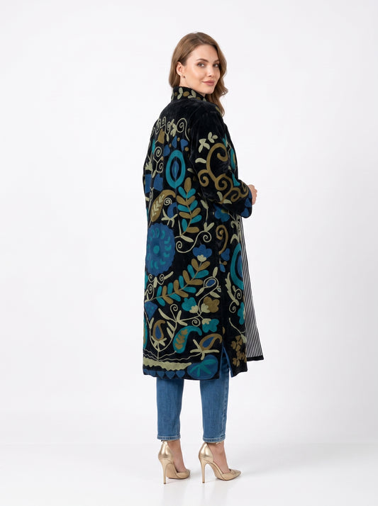 Women's 1025 Suzani Reversible Velvet Long Jacket – Artistic Embroidered Statement Jacket