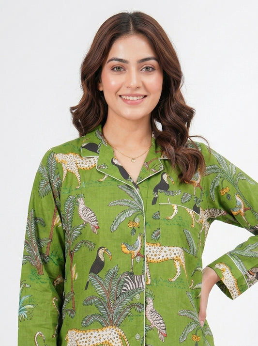 Women's Green Safari Print Cotton Night Suit Set – Tropical Two Piece Pajama Set