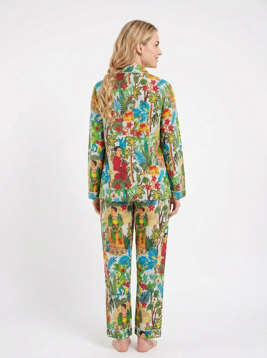 Women's White Farida Print Cotton Night Suit Set – Two Piece Pajama Set