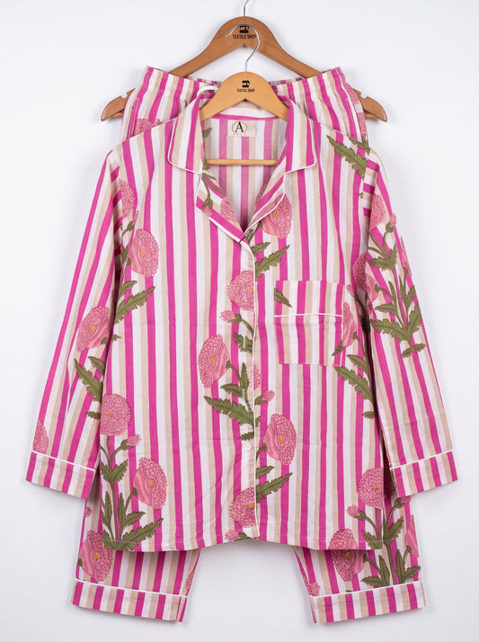 Women’s Pink Pop Stripes – Elegant Two Piece Cotton Pajama Set