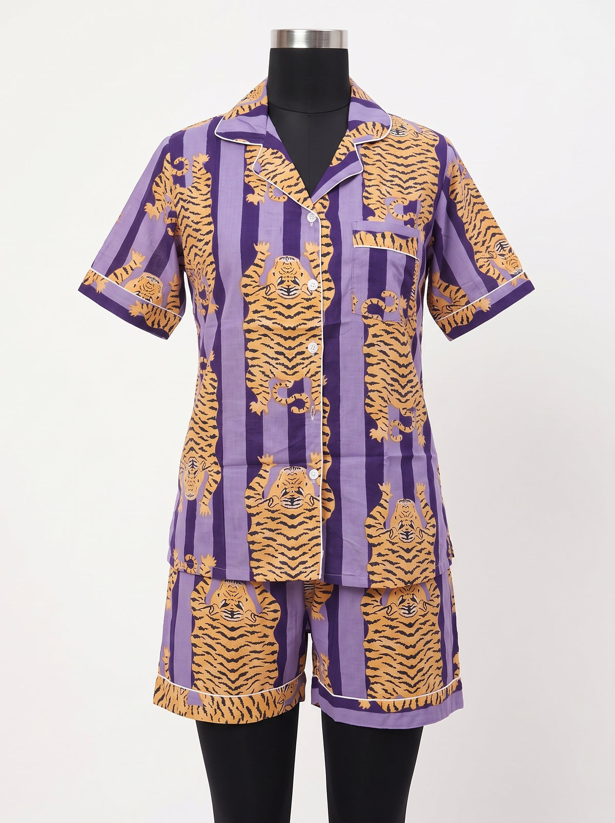 Women’s Purple Stripes Tiger – Elegant Two Piece Short Pajama Set