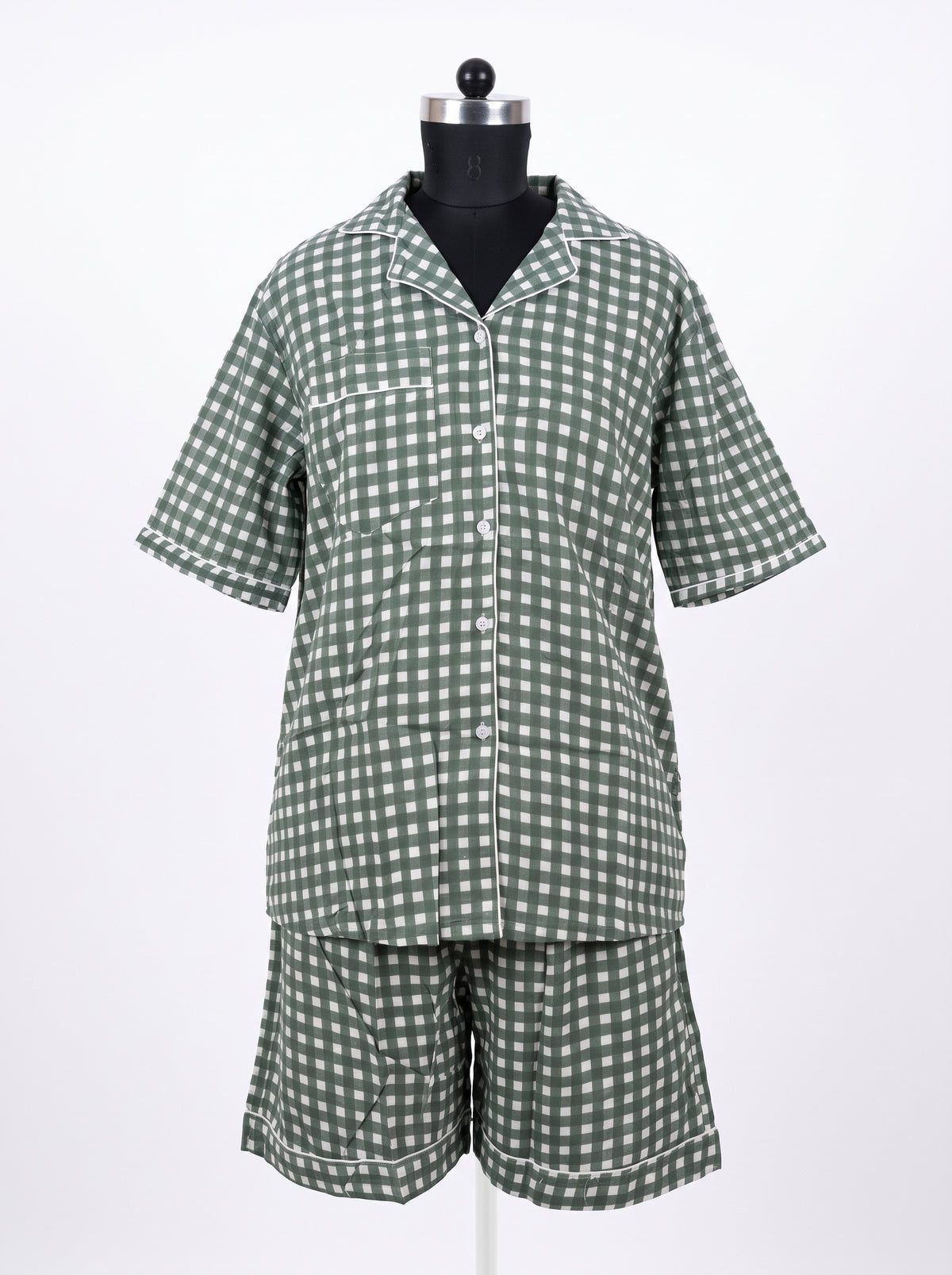 Women’s Green Checkered Crimson – Elegant Two Piece Short Pajama Set
