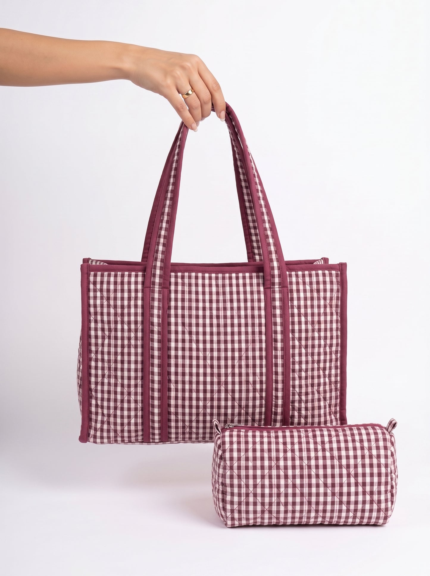 Brown Gingham – Quilted Tote & Pouch Set