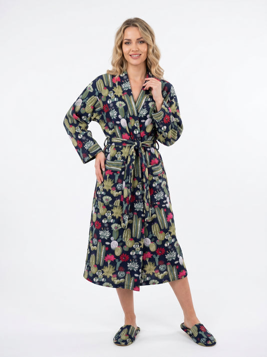Cute Black Cactus Plum Waffle Bathrobe – Luxury Spa Robe