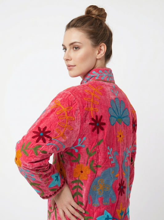 Women's Pink Lovers 108 Suzani Reversible Velvet Jacket – Artistic Embroidered Statement Jacket