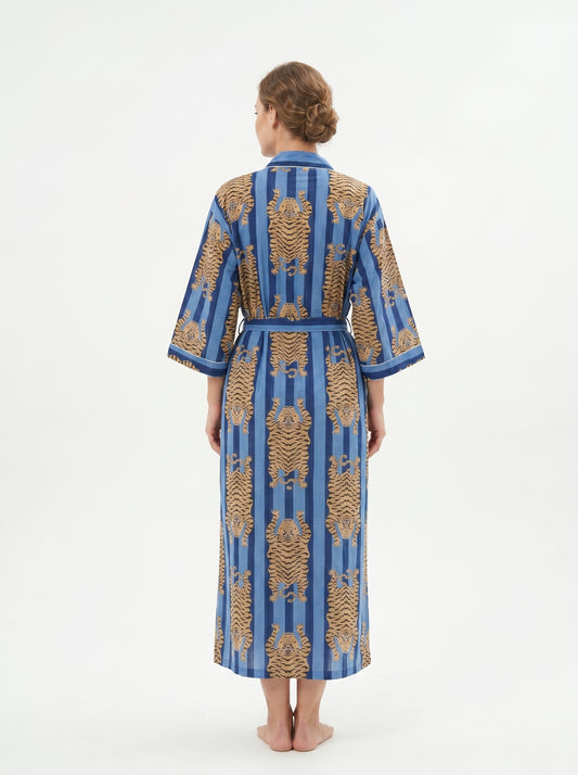 Tiger Blue Stripes-3 – Women’s Cotton Tibetan Kimono