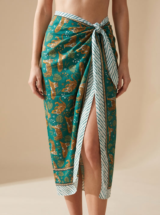 Green Tiger Print Beach Sarong Wrap Skirt