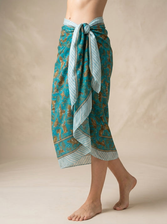 Turquoise Blue Printed Beach Sarong Wrap Skirt