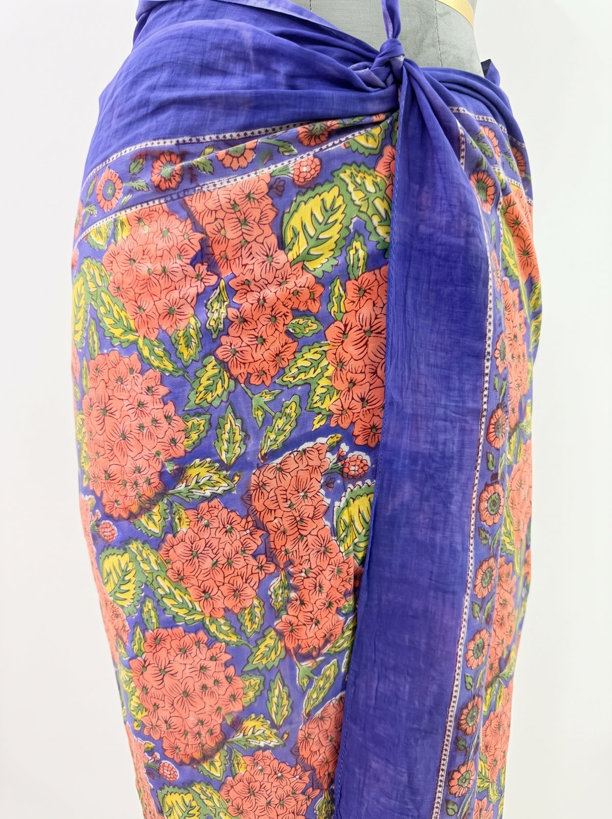 Orange Blue Floral Buta Handblock Sarong - Beach Cover
