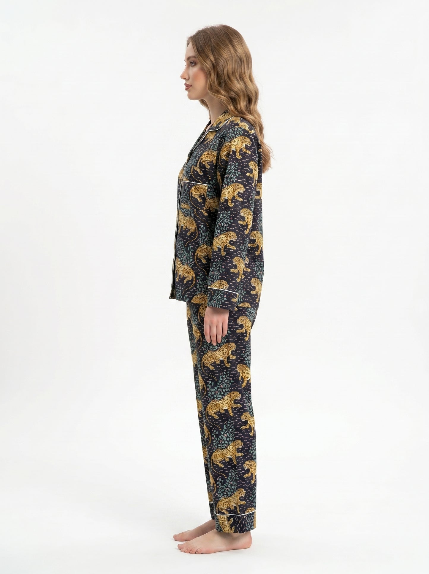 Women's Black Leopard Print Cotton Night Suit Set – Two Piece Pajama Set