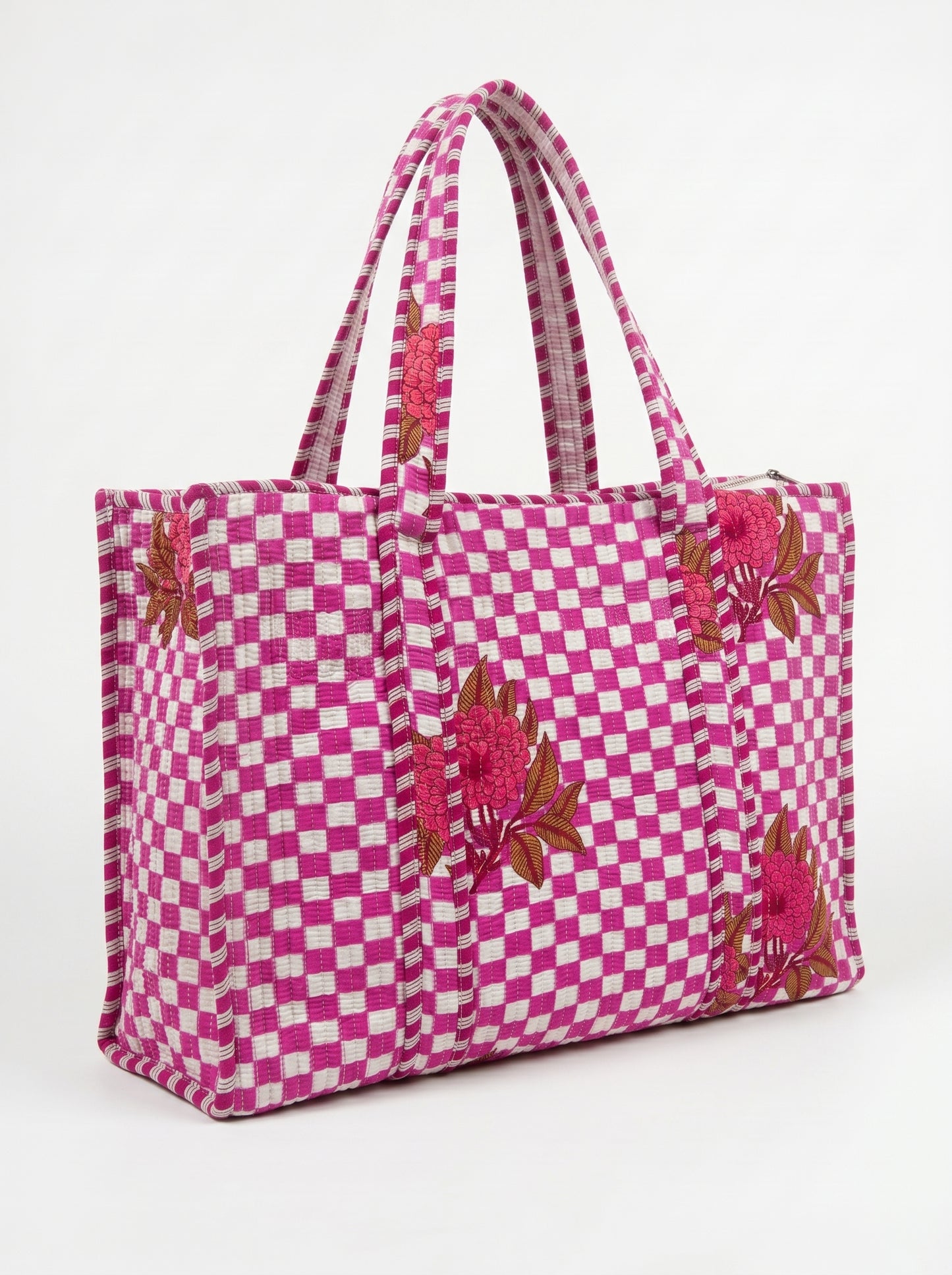 Pink Check Bloom - Tote & 3 Pouch Set 19X15