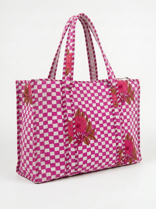 Pink Check Bloom - Tote Bag 19X15